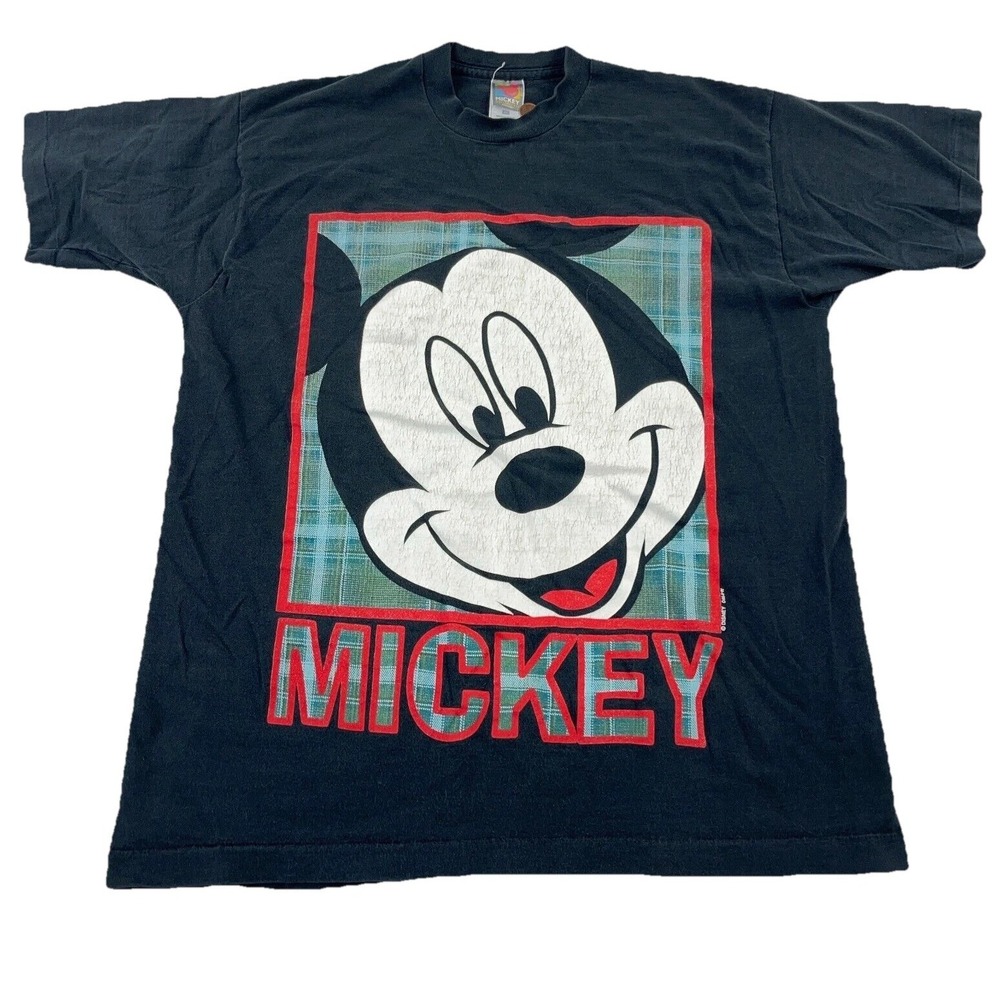 Vintage Disney Shirt Men Black Mickey Mouse Tee 90s Big Face Print Single Stitch